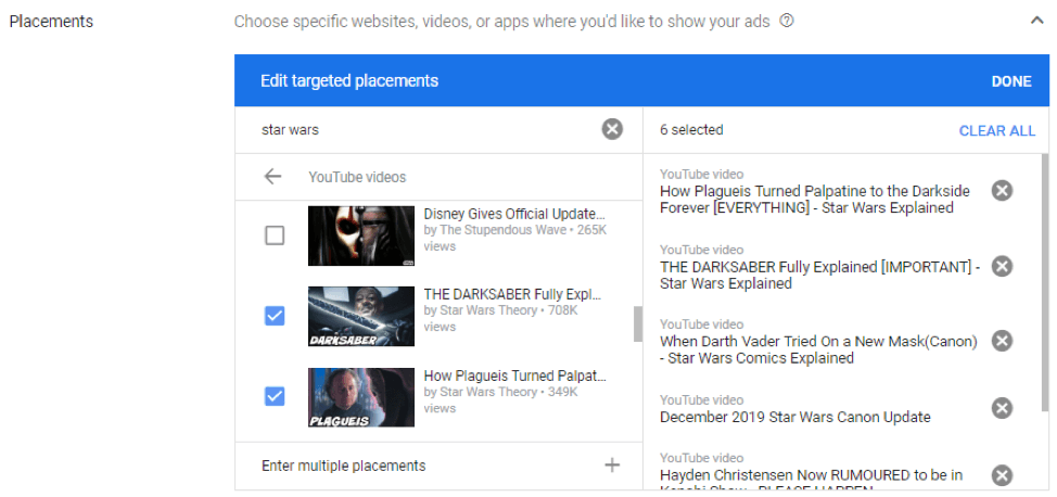 youtube display ads video placement tab
