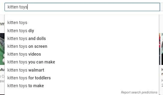 YouTube keyword research search suggestions kitten toys