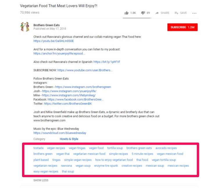 YouTube keyword research tags example with Chrome extension