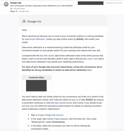data driven attribution modeling - screenshot of google update email