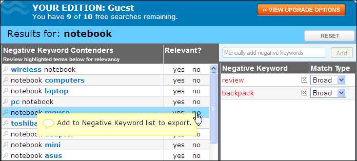 Negative keyword tool