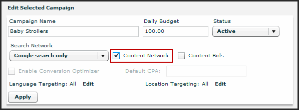 The content network is automatically turned on within search marketing accounts.