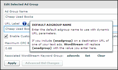 Destination URLs start with URL label in WordStream.