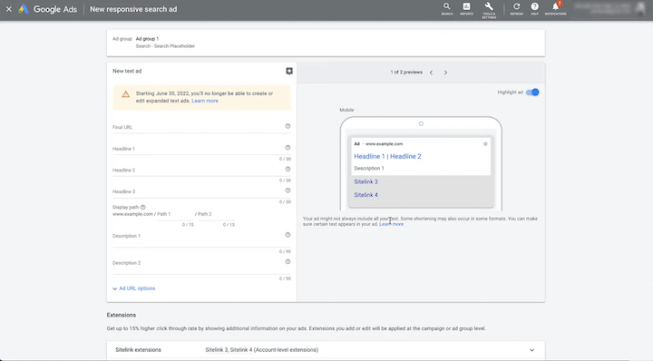 google ads expanded text ad creation window