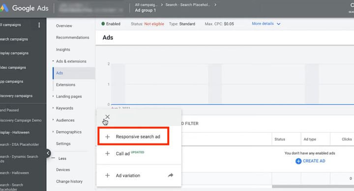 google ads create new screen