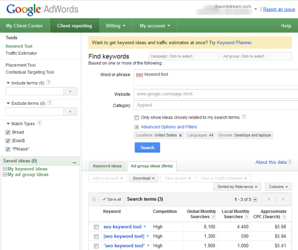 Google's SEO Keyword Tool 