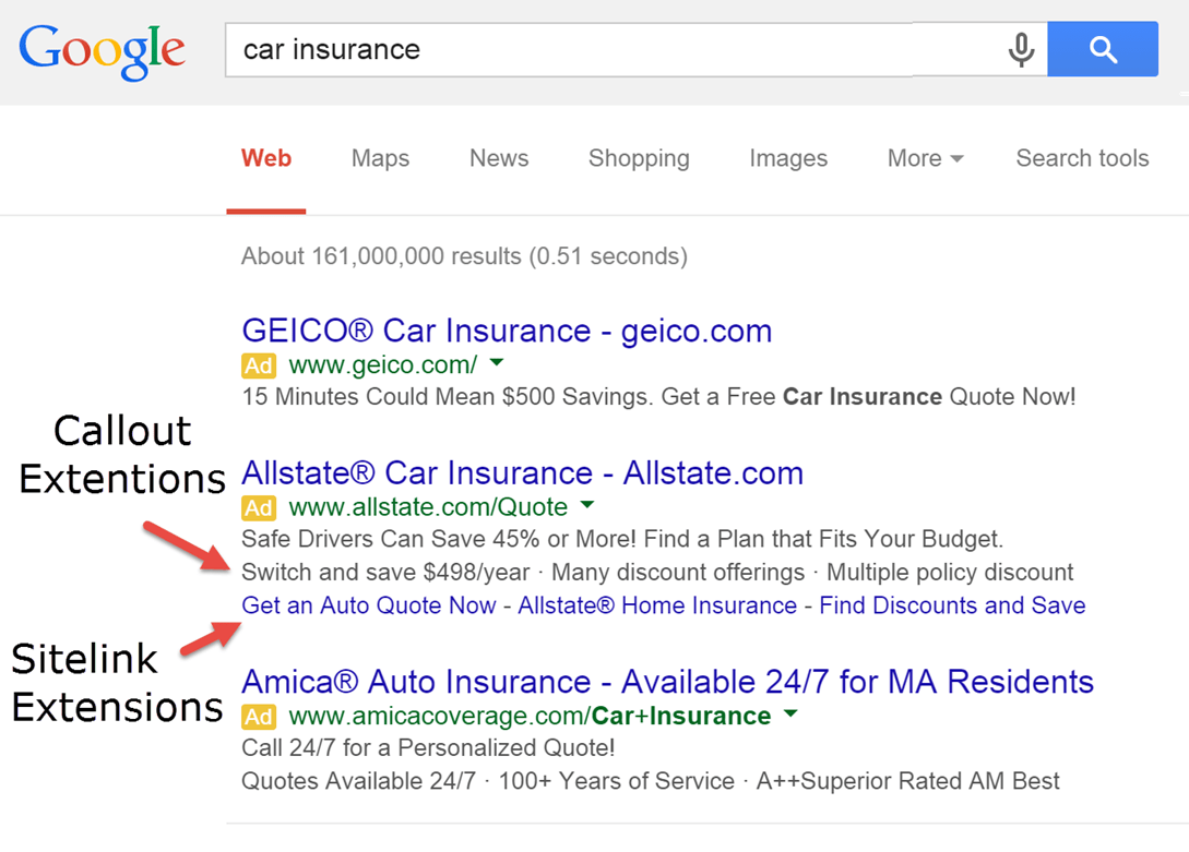 New AdWords tools example callout extensions