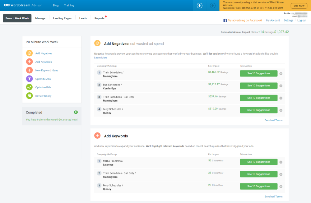 WordStream Advisor new and improved 20-Minute PPC Work Week negative keyword functionality