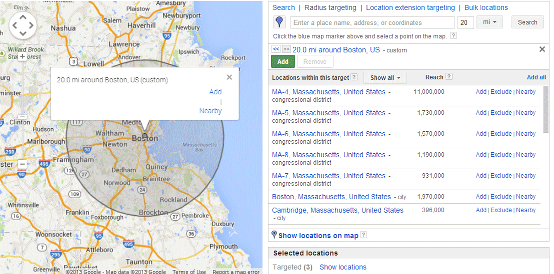 AdWords optimization geolocation targeting by radius