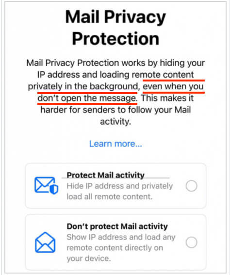 Apple iOS 15 Update Mail Datenschutz Opt-In-Bildschirm