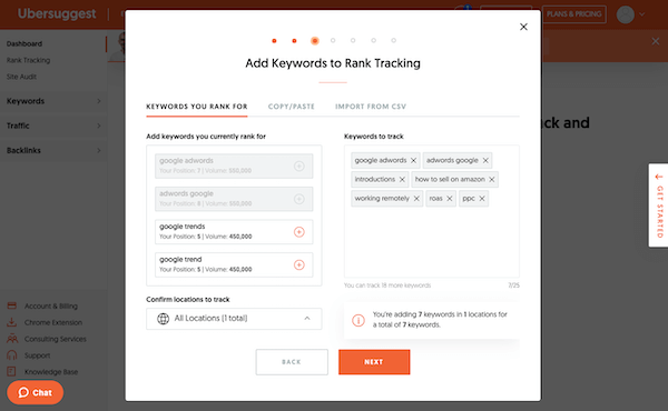 best keyword research tools: ubersuggest rank tracking