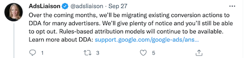 ginny marvin tweet: google will migrate some existing conversion actions to data-driven attribution