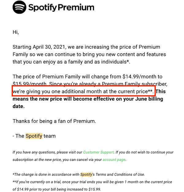 spotify price increase email to premium member