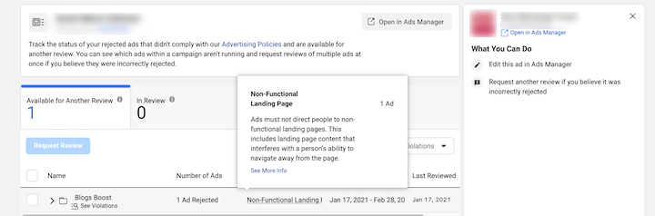facebook ad not approved-non-functional landing page notification