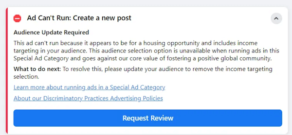 facebook ad can't run notification due to personal attributes policy