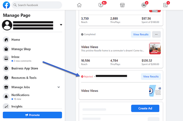 facebook ad rejection in business manager notification center