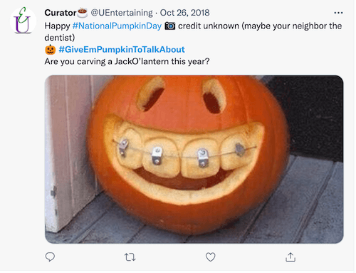 twitter post with fall hashtag #giveempumpkintotalkabout