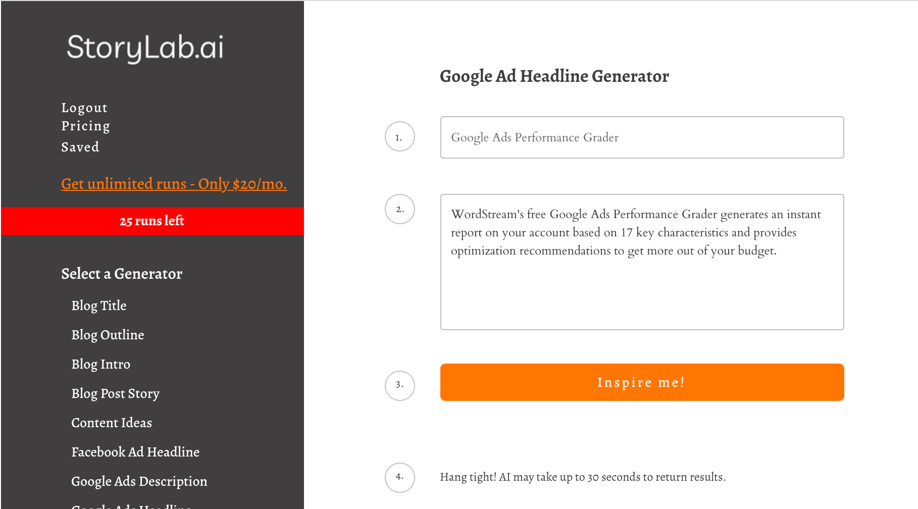 ferramentas gratuitas de anúncios do google - gerador de títulos do storylab