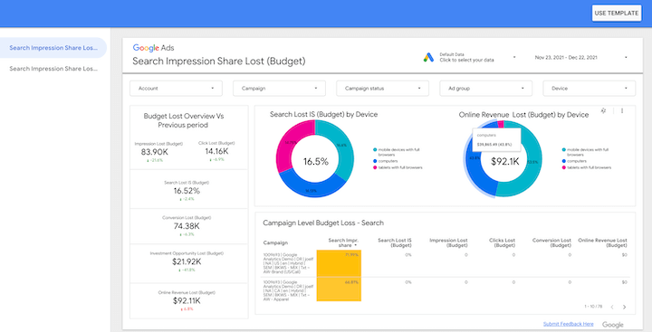 free google ads tools - data studio report template