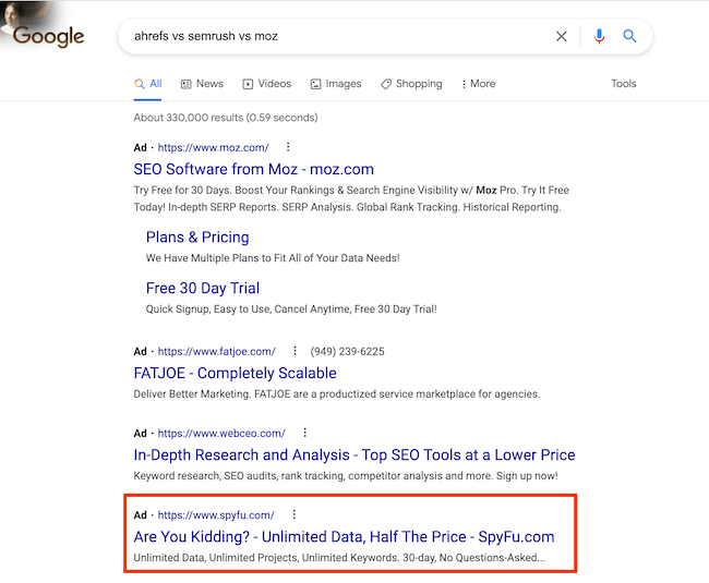 google ad copy example: source: https://www.wordstream.com/wp-content/uploads/2021/12/google-ad-copy-examples-kidding.png