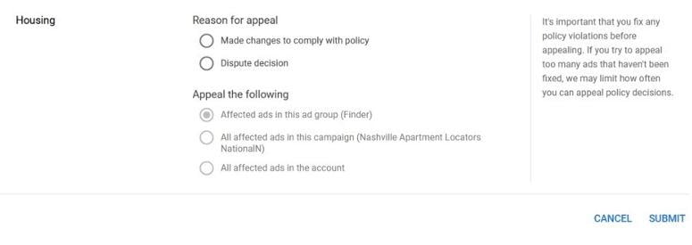 google ads disapproval appeal form