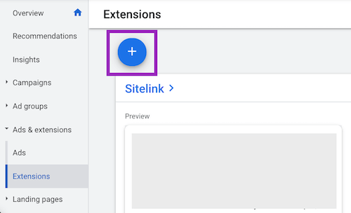 google ads image extension setup—new extension button