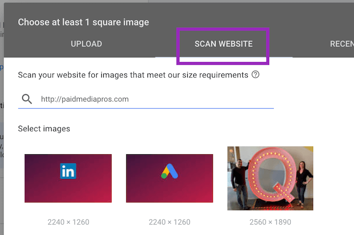 google ads image extension setup—scan website option