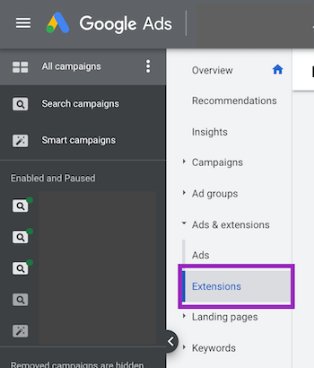 google ads image extensions setup—extensions in sidebar