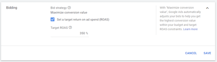 target ROAS option in google ads