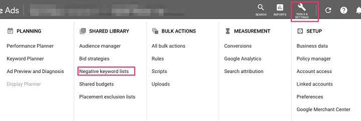 negative keyword list tab in google ads dashboard