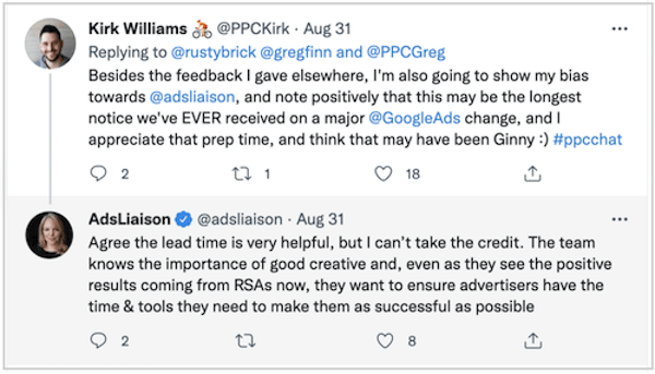google sunsetting expanded text ads - kirk williams tweet about having notice