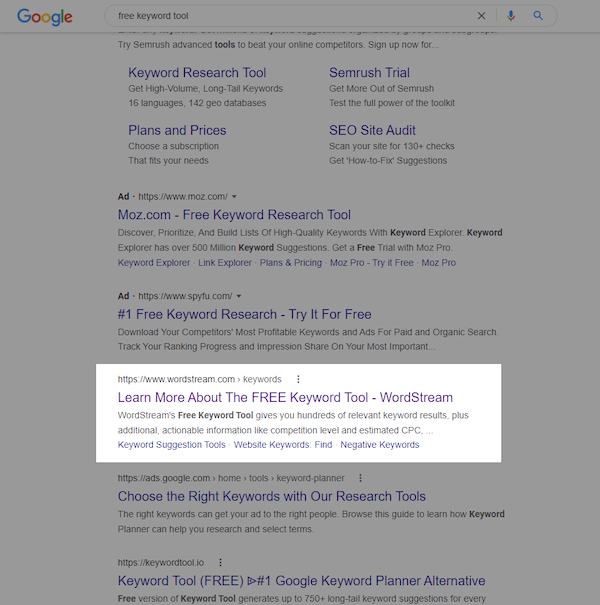 free keyword tool title in SERP saying "learn about wordstream's free keyword tool"