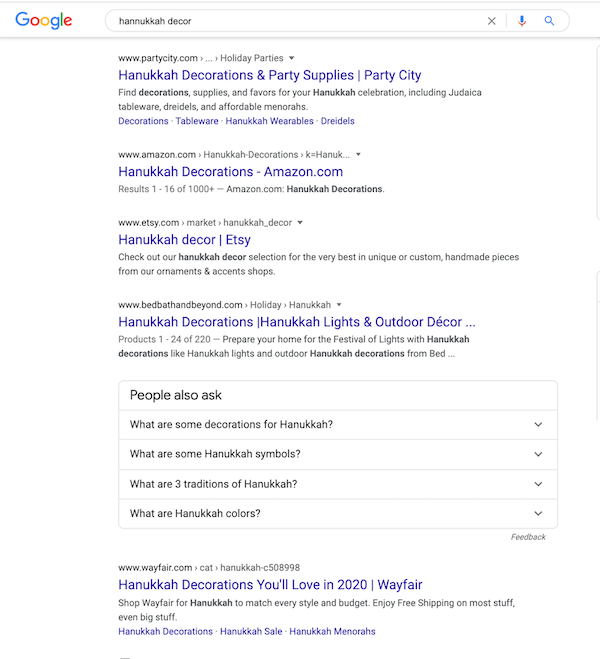 SERP results for hanukkah decorations