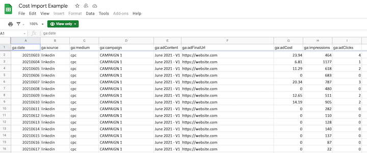 ferramentas gratuitas de anúncios do google - modelo de importação de dados de custo