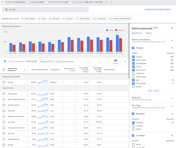 best keyword research tools: google keyword planner refine keywords feature