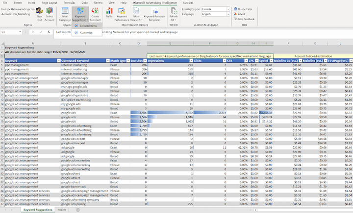 keyword research tools: microsoft advertising keyword planner results