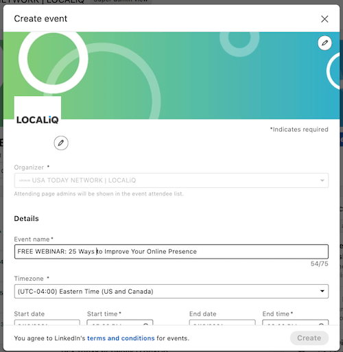 linkedin company page event creation tab