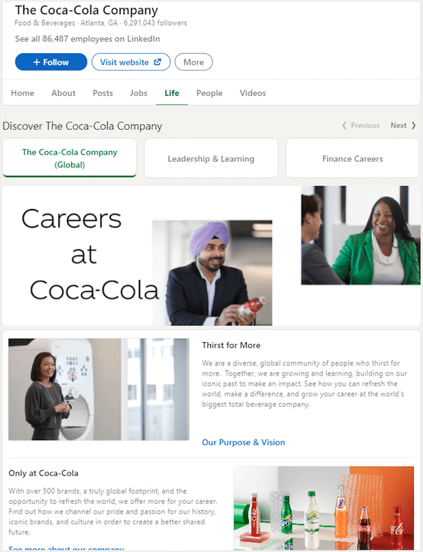 great linkedin company page example by coca cola