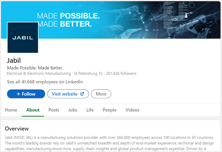 linkedin company page example by jabil