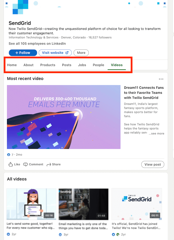 example of linkedin company page tabs by sendgrid