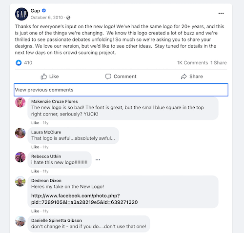 worst marketing fails - new gap logo backlash on facebook