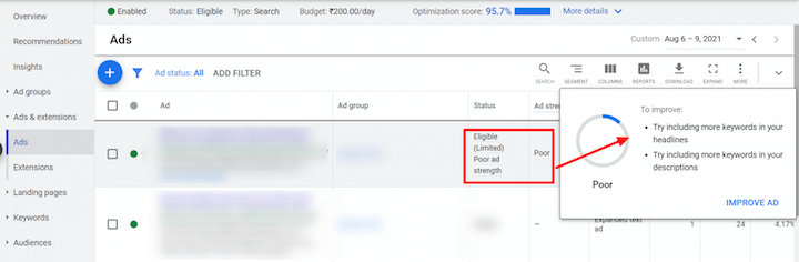 example of poor ad strength in google responsive search ads
