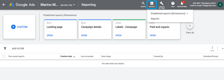 reports tab in google ads analytics