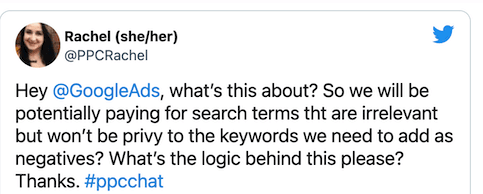 @ppcrachel tweet about google search terms report limitation september 2020