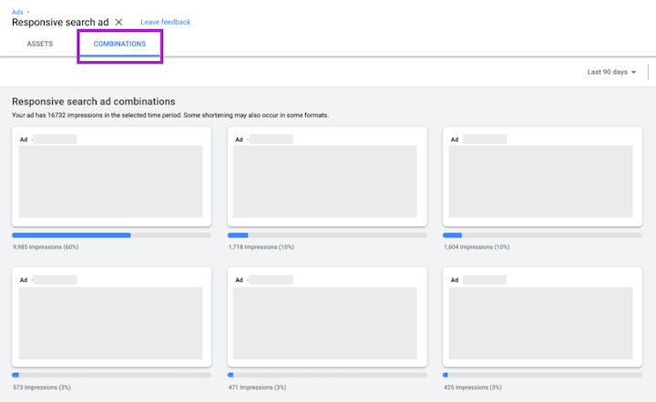 responsive search ad combinations reporting tab