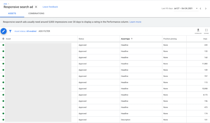responsive search ad asset details