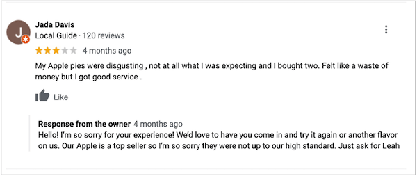scary ppc statistics: example of response to negative review