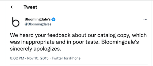 worst marketing fails - bloomingdales' apology tweet