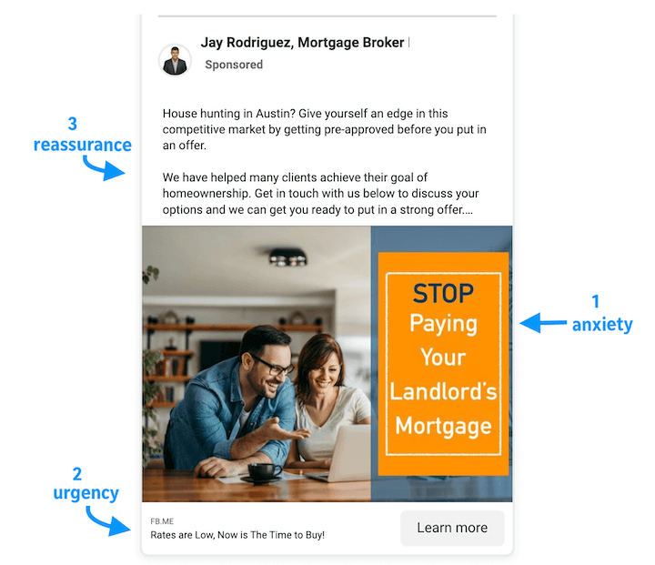 facebook ad copy example with anxiety, urgency, and reassurance