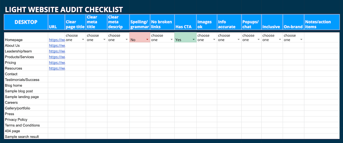 light website audit template checklist